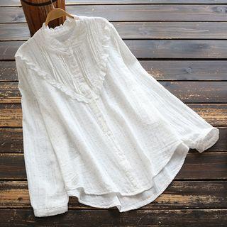 Long-sleeve Dotted Linen Blouse White - One Size