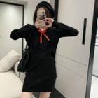 Set: V-neck Bow Knit Top + Mini Pencil Skirt