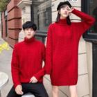 Long-sleeve Couple Mock-neck Plain Cable-knit Sweater / Dress
