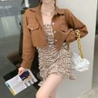 Cropped Button-up Jacket / Spaghetti Strap Floral Print Dress