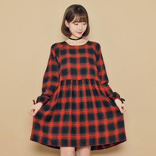 Tie-sleeve Checked A-line Dress