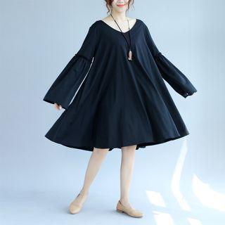 V-neck Plain Ruffle A-line Dress