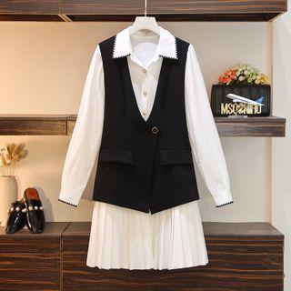 Long-sleeve Pleated A-line Shirtdress / Vest / Set