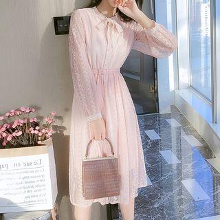 Tie Neck Long-sleeve Lace Midi Dress