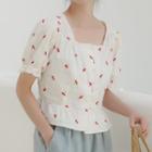 Puff-sleeve Cherry Embroidered Buttoned Crop Top