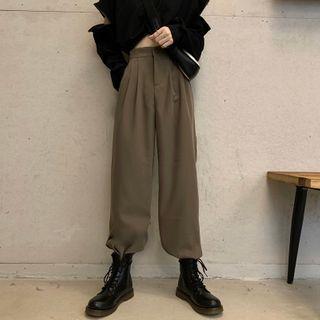 Plain High-waist Slit-hem Pants
