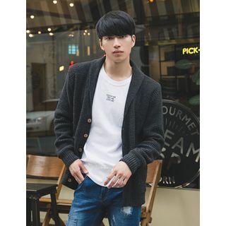 Shawl-collar Dual-pocket Waffle-knit Cardigan