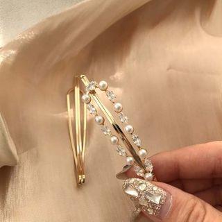 Mismatch Rhinestone Faux Pearl Hair Clips Set Of 2 - Gold - One Size