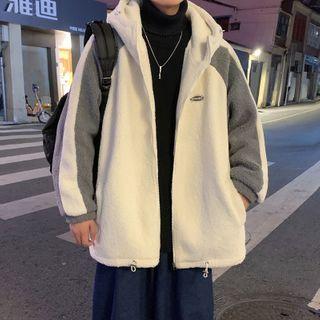 Faux Fur Color Block Patch Zipped Hooded Jacket