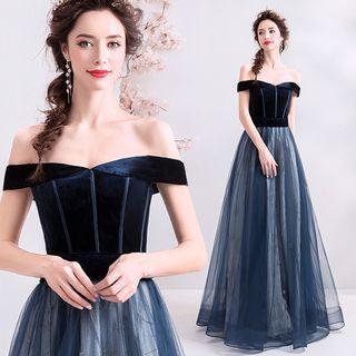 Off Shoulder Velvet Paneled A-line Evening Gown