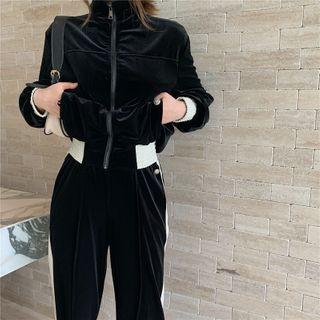 Zip-up Jacket / Velvet Wide-leg Pants