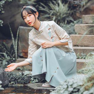 Set: Traditional Chinese 3/4-sleeve Embroidered Top + A-line Midi Skirt