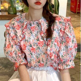 Puff-sleeve Flower Print Blouse / Mini A-line Skirt