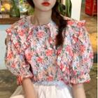 Puff-sleeve Flower Print Blouse / Mini A-line Skirt