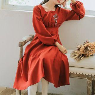 Square-neck Embroidered Long-sleeve A-line Dress