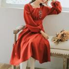 Square-neck Embroidered Long-sleeve A-line Dress