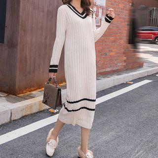 Two-tone V-neck Rib Knit Midi Dress