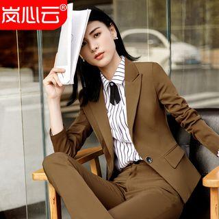 Slim-fit Blazer / Dress Pants / Mini Pencil Skirt / Bow Accent Pinstripe Shirt / Set