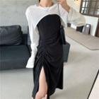 Slit Drawstring Suspender Skirt / Round-neck Asymmetrical Long-sleeve Cropped Top