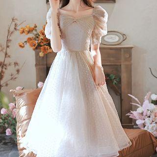 Puff-sleeve Dotted Cocktail Dress