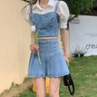 Short-sleeve Shirt / Spaghetti Strap Denim Top / Mini A-line Skirt