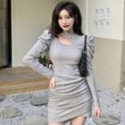 Long-sleeve Cutout Ruched Knit Mini Bodycon Dress