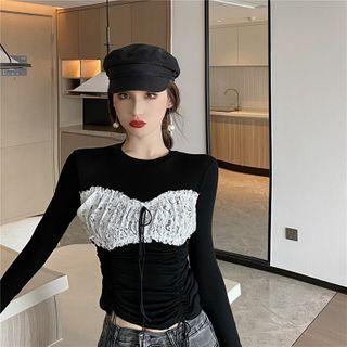 Lace Panel Drawstring Long-sleeve T-shirt
