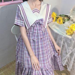 Sailor Collar Plaid Bow Midi A-line Dress Plaid - Purple & White - One Size