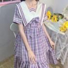 Sailor Collar Plaid Bow Midi A-line Dress Plaid - Purple & White - One Size