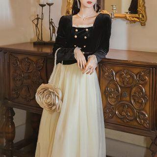 Set: Long-sleeve Mesh Panel Midi A-line Dress + Belt