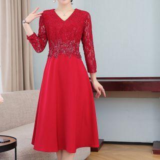 3/4-sleeve Floral Applique Lace Midi A-line Dress