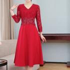 3/4-sleeve Floral Applique Lace Midi A-line Dress