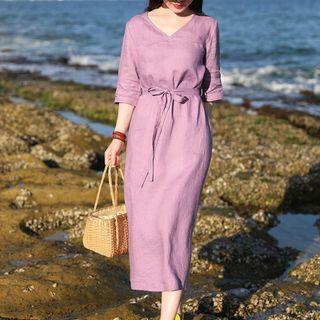 3/4-sleeve V-neck Sashed Midi Dress