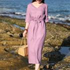 3/4-sleeve V-neck Sashed Midi Dress