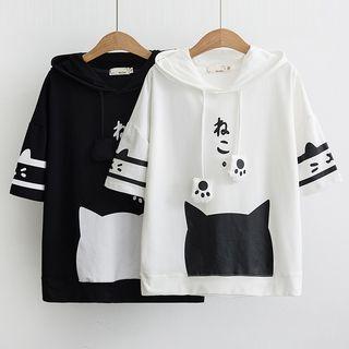 Cat Print Elbow Sleeve Hoodie