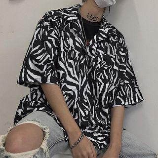 Couple Matching Zebra Print Elbow-sleeve Shirt