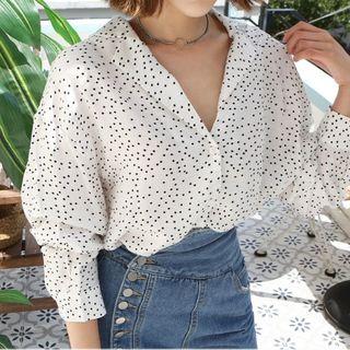 Notched-lapel Dotted Blouse White - One Size