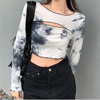 Long-sleeve Tie Dye Cutout Crop Top Tie Dyed - Black & White - One Size