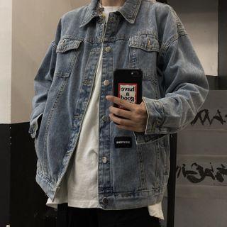 Lettering Applique Front Pocket Button Denim Jacket