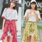 Set: Lettering Plaid Panel Elbow Sleeve T-shirt Dress + Plaid Midi Skirt