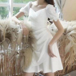 Puff-sleeve Scoop-neck A-line Wrap Dress