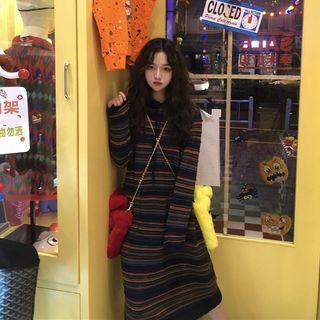 Striped Hooded Midi Knit Dress Knit Dress - Stripe - One Size