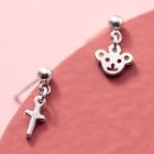 Bear & Cross Asymmetrical Sterling Silver Dangle Earring 1 Pair - S925 Silver - Stud Earring - Silver - One Size