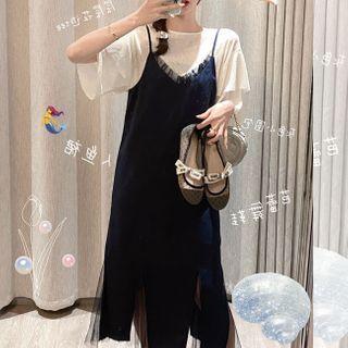 Short-sleeve Frill Trim Blouse / Spaghetti Strap Midi A-line Dress