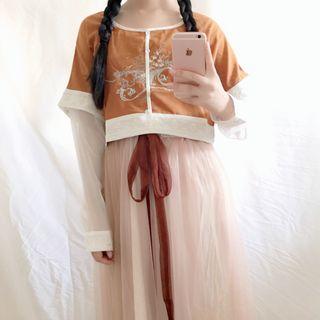 Embroidered Long-sleeve Cropped Top / Spaghetti Strap Midi Mesh Dress / Set
