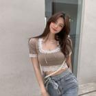 Short-sleeve Lace Trim Knit Top Coffee - One Size
