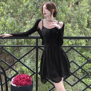 Spaghetti-strap Mini A-line Dress / Long-sleeve Shrug