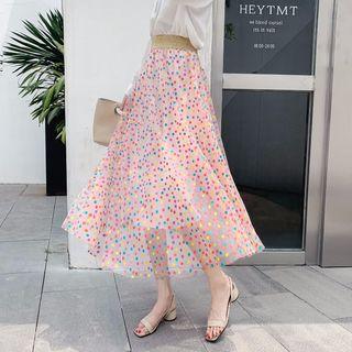 Dotted Mesh Overlay Elastic-waist Maxi Skirt
