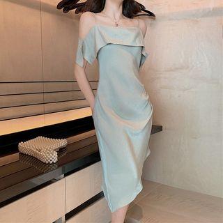 Short-sleeve Cold Shoulder Asymmetric Dress Pea Green - One Size