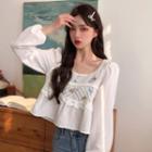 Long-sleeve Floral Embroidered Knit Panel Blouse White - One Size
